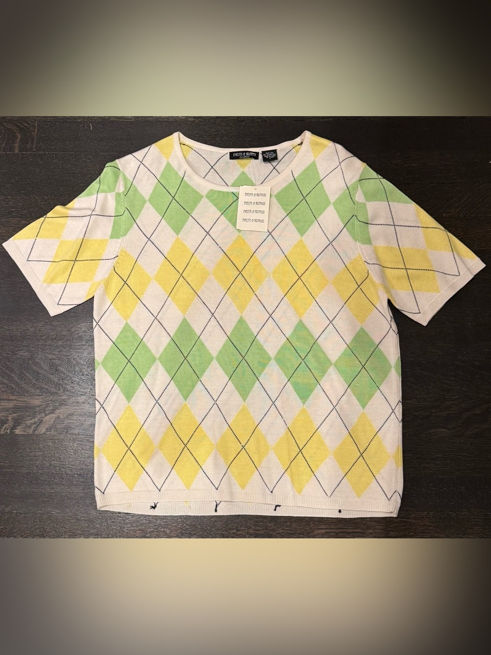 Evelyn & Arthur Argyle Short-Sleeve Crewneck Silk Sweater in Yellow & Green